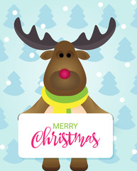 Lovely Merry Christmas card with Happy Cartoon Reindeer in a winter forest.