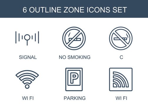 Zone Icons. Trendy 6 Zone Icons. Contain Icons Such As Signal, No Smoking, C, Wi Fi, Parking. Zone Icon For Web And Mobile.