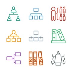 9 organization icons. Trendy organization icons white background. Included outline icons such as meeting, binder, structure. organization icon for web and mobile.