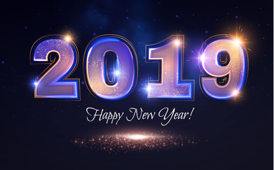 Fototapeta na wymiar Happy New 2019 Year Elegant Shining Number. Typography Design. Holiday Banner with Light Effect.