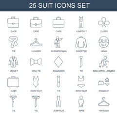 suit icons. Trendy 25 suit icons. Contain icons such as case, jumpsuit, Clubs, tie, hanger, businessman, sweater, ninja, jacket, bow tie, Diamonds. suit icon for web and mobile.