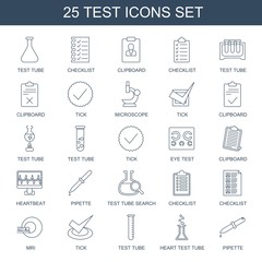 test icons. Trendy 25 test icons. Contain icons such as test tube, checklist, clipboard, tick, microscope, eye test, heartbeat, pipette, test tube search. test icon for web and mobile.