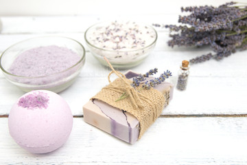 Fototapeta na wymiar Natural lavender soap with lavender flowers on it