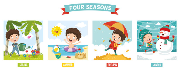 Vector Illustration Of Kid And Four Seasons