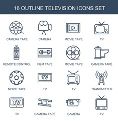 television icons. Trendy 16 television icons. Contain icons such as camera tape, camera, movie tape, TV, remote control, film tape, transmitter. television icon for web and mobile.