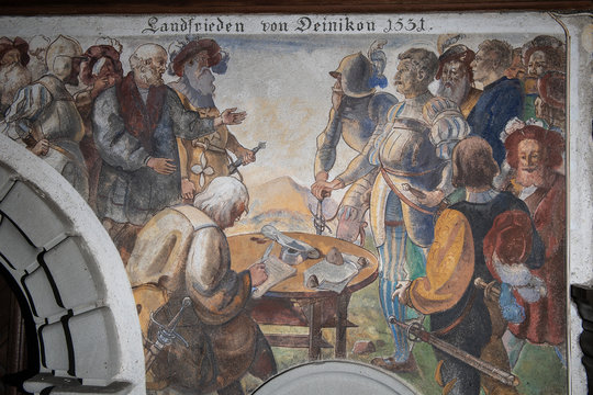 Friedensschluss nach Kappelerschlacht, Fresko, Kapelle Deib&uuml;el, bei Baar, Kanaton Zug, Schweiz