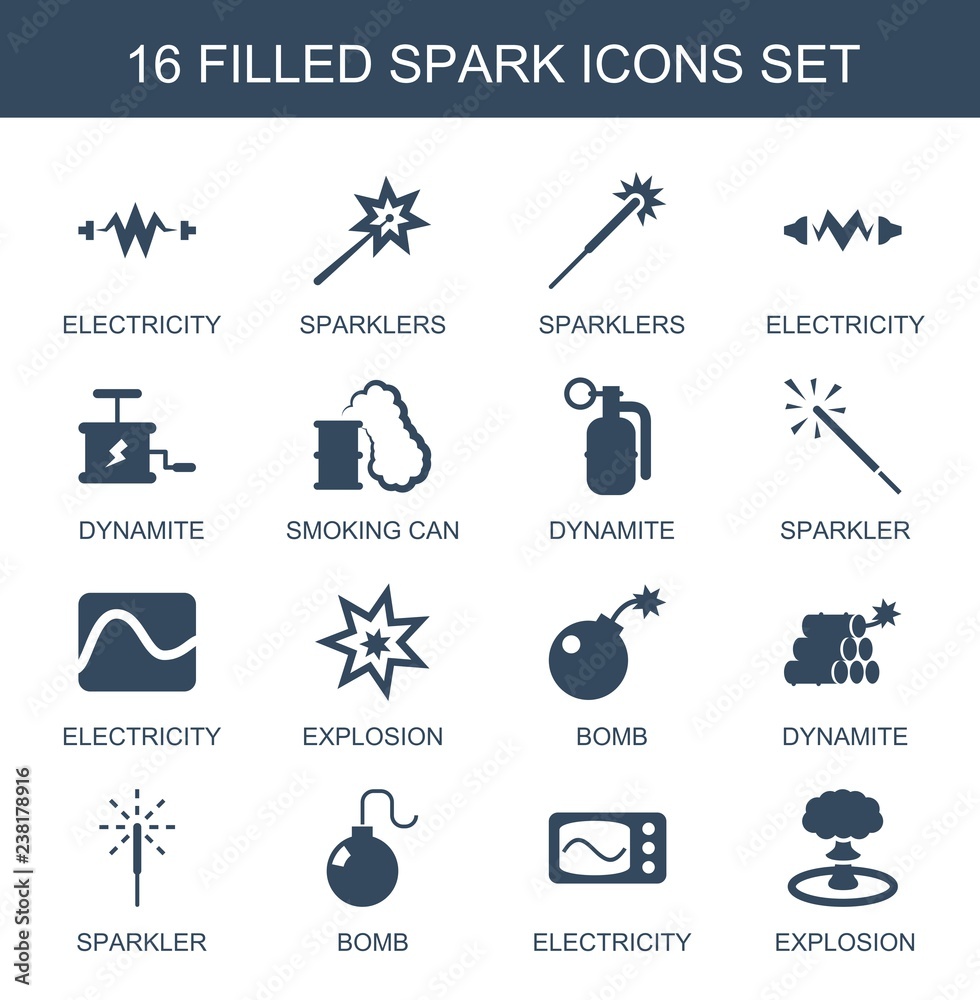 Poster spark icons. Trendy 16 spark icons. Contain icons such as electricity, sparklers, dynamite, smoking can, sparkler, explosion, bomb. spark icon for web and mobile.