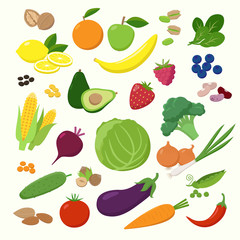 Large set of fruits, vegetables and berries in flat design isolated on white background. Vegetarian food Infographic elements.