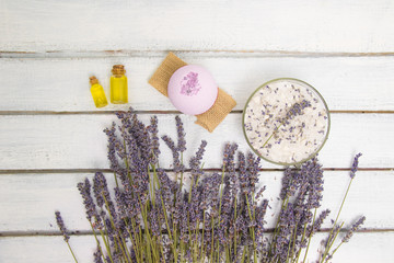 Natural herbal sea salt with aromatic lavender - perfect for relaxation. Cosmetic jars and bottles...