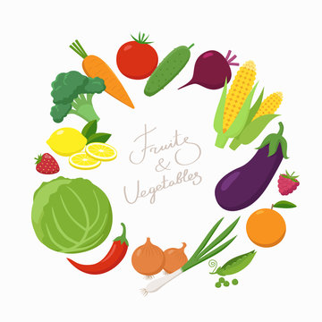 Fresh Vegetables around the text place in flat design isolated on white background. Vegetarian food concept vector illustration. Round frame of various fruits and vegetables and lettering text inside