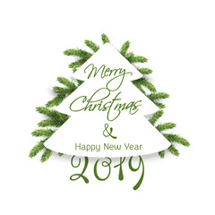 Christmas fir cut out of paper in the vector. Congratulations on Christmas and New Year 2019.