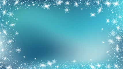 Flying snow background. Bbright, White, Shimmer, Glowing, Scatter, Falling on a Blue background. Festive Christmas card design.