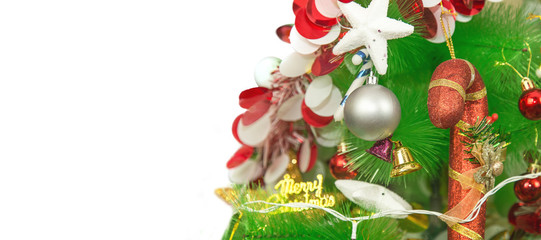 Close up Of Christmas Tree Decoration With Baubles And Christmas Gifts