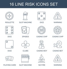 16 risk icons. Trendy risk icons white background. Included line icons such as Roulette, Slot machine, Dice, warning, Spades, casino chip, Casino chip. risk icon for web and mobile.