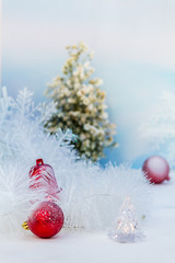 Naklejka na ściany i meble White christmas tree decoration in december./ Every december cool and white christmas tree decoration with colourful bauble, mask, snow man, giftbox.