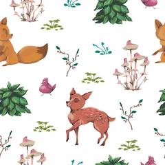 Behang Naadloze patroon met baby herten, vossen, vogels, struiken, bloemen, bladeren, bessen en paddestoelen. Leuke stripfiguren. Handgetekende vectorillustratie in aquarelstijl © kateja