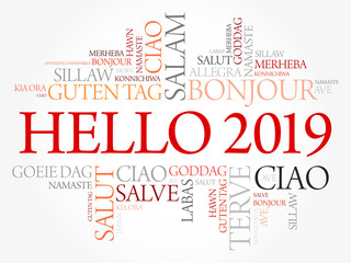 Hello 2019 word cloud in different languages of the world, background concept