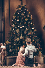 little brother and sister dress up new year or christmas tree