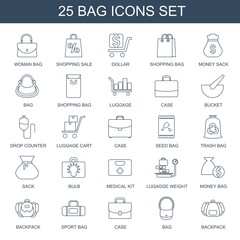 bag icons. Trendy 25 bag icons. Contain icons such as woman bag, shopping sale, dollar, shopping bag, Money sack, luggage, case, bucket, drop counter. bag icon for web and mobile.