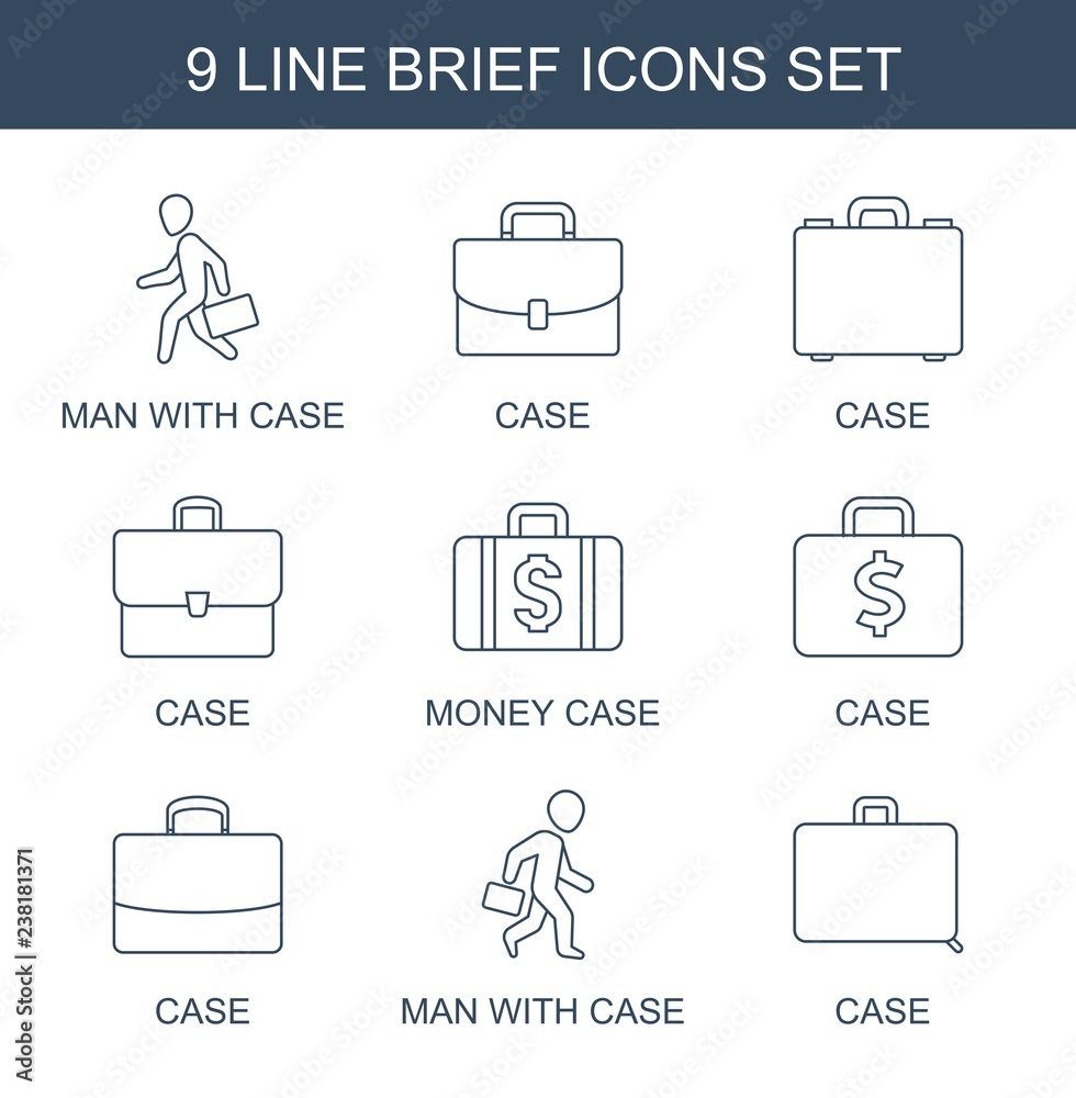 Poster 9 brief icons. trendy brief icons white background. included line icons such as man with case, case,