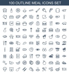 meal icons. Trendy 100 meal icons. Contain icons such as plate fork and spoon, porridge, sushi, fork and spoon, soup, taco, kebab, meat leg, pig. meal icon for web and mobile.