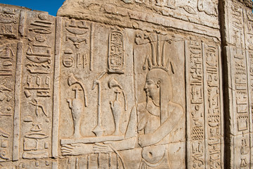 Hieroglyphic carvings on an ancient egyptian temple wall
