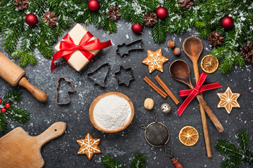 Christmas background. Table for holiday baking cookies