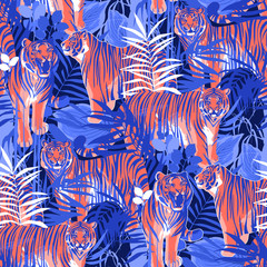 Fototapeta na wymiar Graphic seamless patterns of tigers in different poses surrounded by exotic leaves