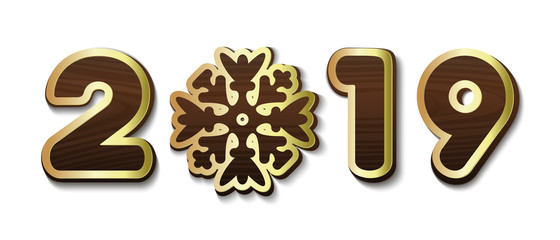 2019 - Stylized lettering with snowflake for decoration of banners, Christmas cards, leaflets, posters, booklets. Wooden inscription with gold stroke. Vector illustration