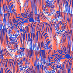 Graphic seamless pattern of standing and walking tigers.