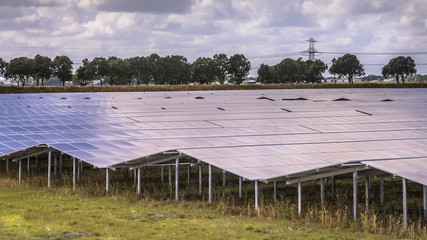 Fototapeta na wymiar Solar panel field in industrial area close up on summer day