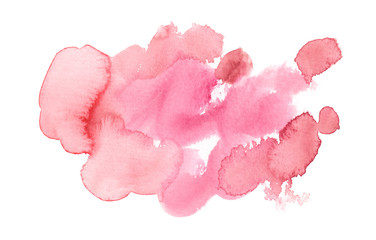 Pastel pink liquid blots and stains painted in watercolor on clean white background