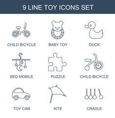 Fototapeta na wymiar 9 toy icons. Trendy toy icons white background. Included line icons such as child bicycle, baby toy, duck, bed mobile, puzzle, toy car, kite, cradle. toy icon for web and mobile.