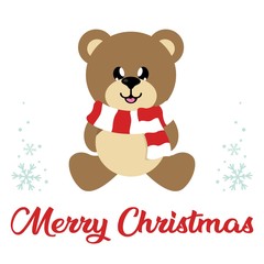 winter christmas cartoon bear with scarf sitting and christmas text