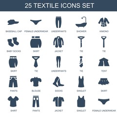 textile icons. Trendy 25 textile icons. Contain icons such as baseball cap, female underwear, underpants, shower, kimono, baby socks, skirt, jacket. textile icon for web and mobile.
