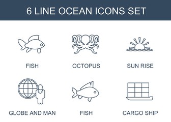 6 ocean icons. Trendy ocean icons white background. Included line icons such as fish, octopus, sun rise, globe and man, cargo ship. ocean icon for web and mobile.