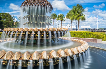 Naklejka premium Long Exposure of the Famous Pineapple Fountain in Waterfront Park in Charleston, SC