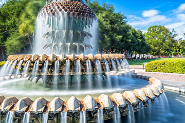 Naklejka premium Long Exposure of the Famous Pineapple Fountain in Waterfront Park in Charleston, SC