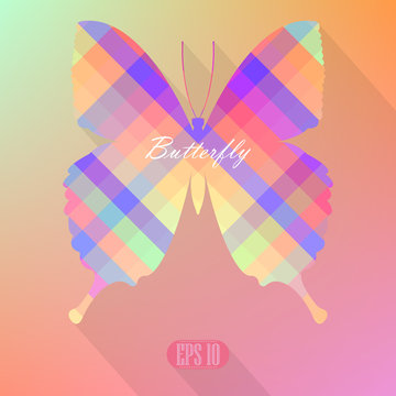 Colorful butterfly with long shadow isolated on light background. Vector illustration.