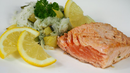 peace of fried fresh salmon with vegetable rice