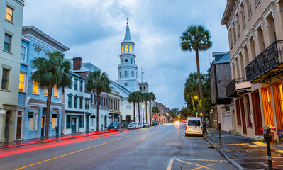 Fototapeta na wymiar St. Michaels Church and Broad St. in Charleston, SC at Dusk