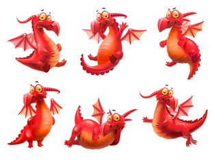 set of red dragons isolated on white