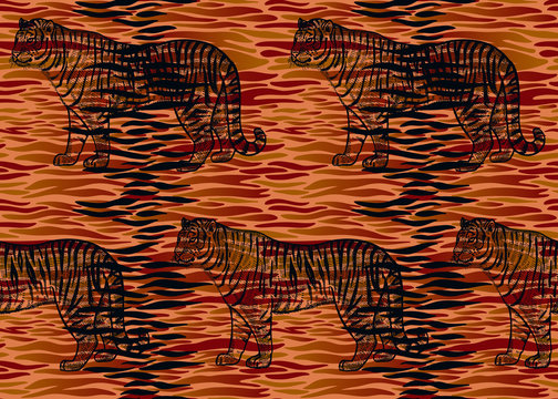 Seamless pattern with Tiger fur stripes and tiger silhouette. Beast style.