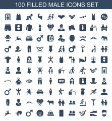 male icons. Trendy 100 male icons. Contain icons such as man hairstyle, man shoe, male and female, man and woman, muscular arm on phone, luggage belt. male icon for web and mobile.