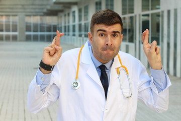 Untruthful healthcare worker crossing fingers 