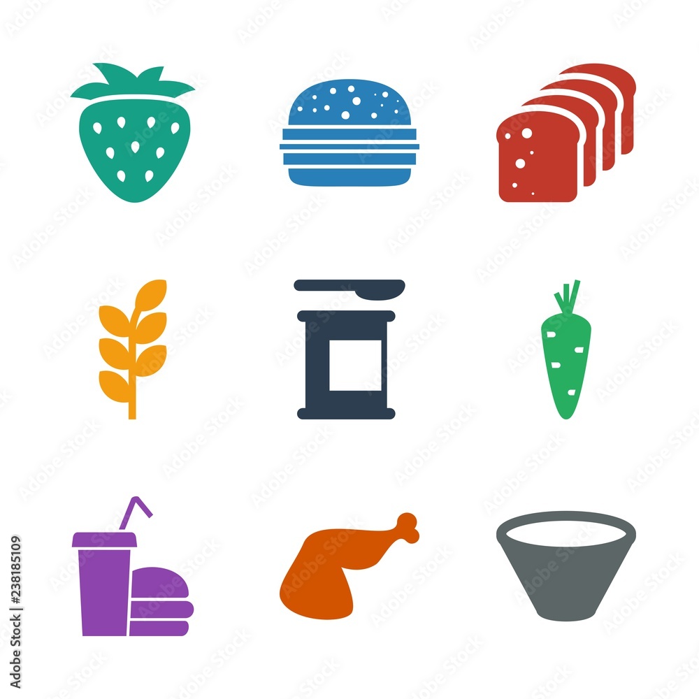 Wall mural 9 nutrition icons. Trendy nutrition icons white background. Included filled icons such as bowl, meat leg, burger and drink, carrot, protein powder. nutrition icon for web and mobile. - Wall murals
