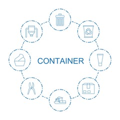 container icons. Trendy 8 container icons. Contain icons such as trash bin, cargo ship, recycle bin, tank, cargo container, garden tools, cream. container icon for web and mobile.