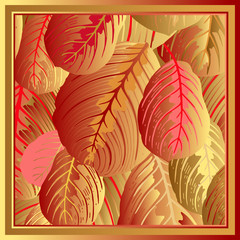 Luxury floral print. Gold leaves of tropical tree.