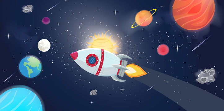 Illustration of flying rocket spacer with space galaxy and planets 
