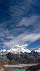Panorama view from Renjo La high mountain pass. View towards Mount Everest and Gokyo Lake seen from the top of Renjo La pass along Everest three passes trek in Khumbu region of Nepal.